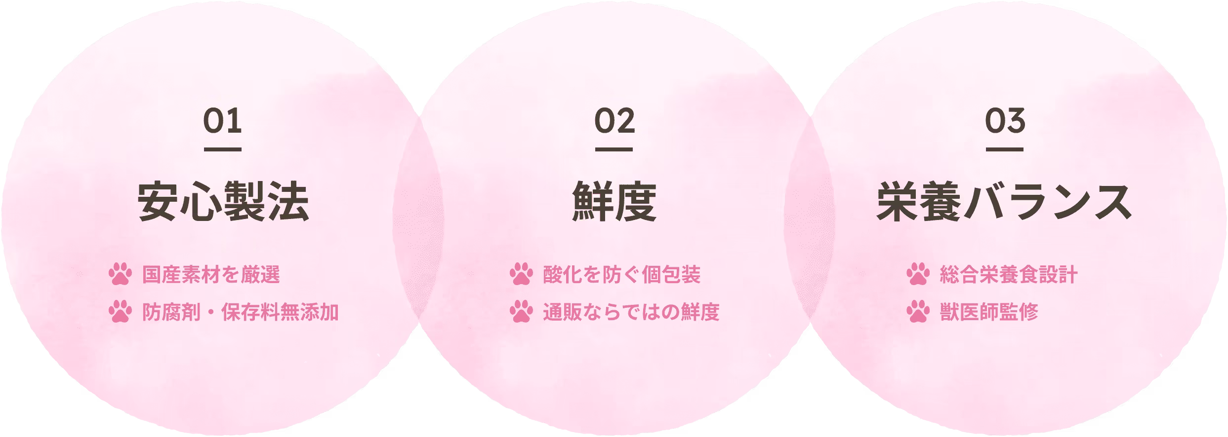 [01 安心製法]・国産素材を厳選・防腐剤・保存料無添加[02 鮮度]・酸化を防ぐ個包装・通販ならではの鮮度[03 栄養バランス]・総合栄養食設計・獣医師監修